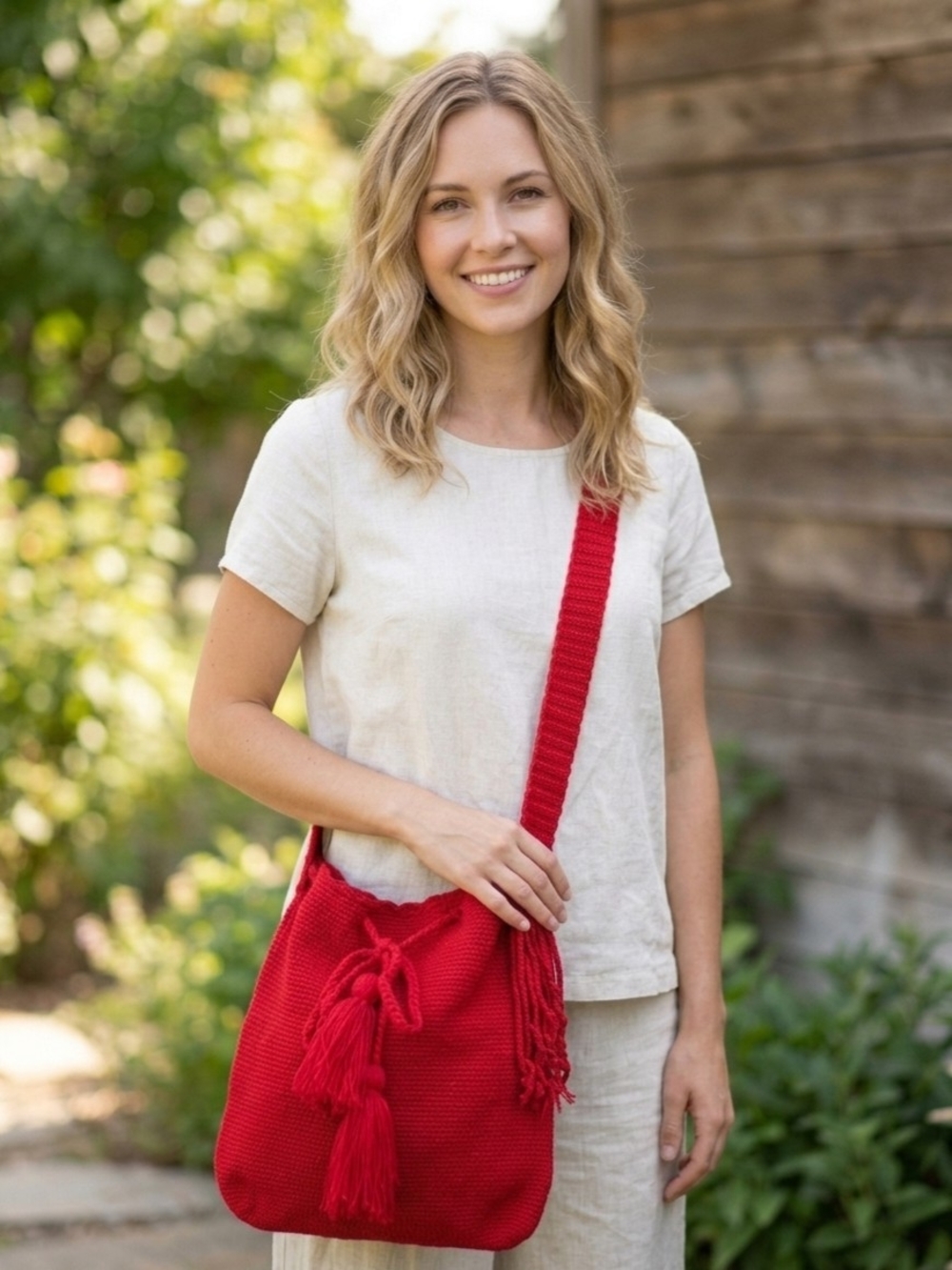 Women's Red Knit Tassel Crossbody Bag